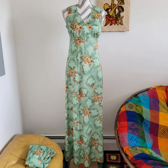 70s Vintage Green Orange Floral Maxi Dress + Shirt Jacket - Picture 2 of 10